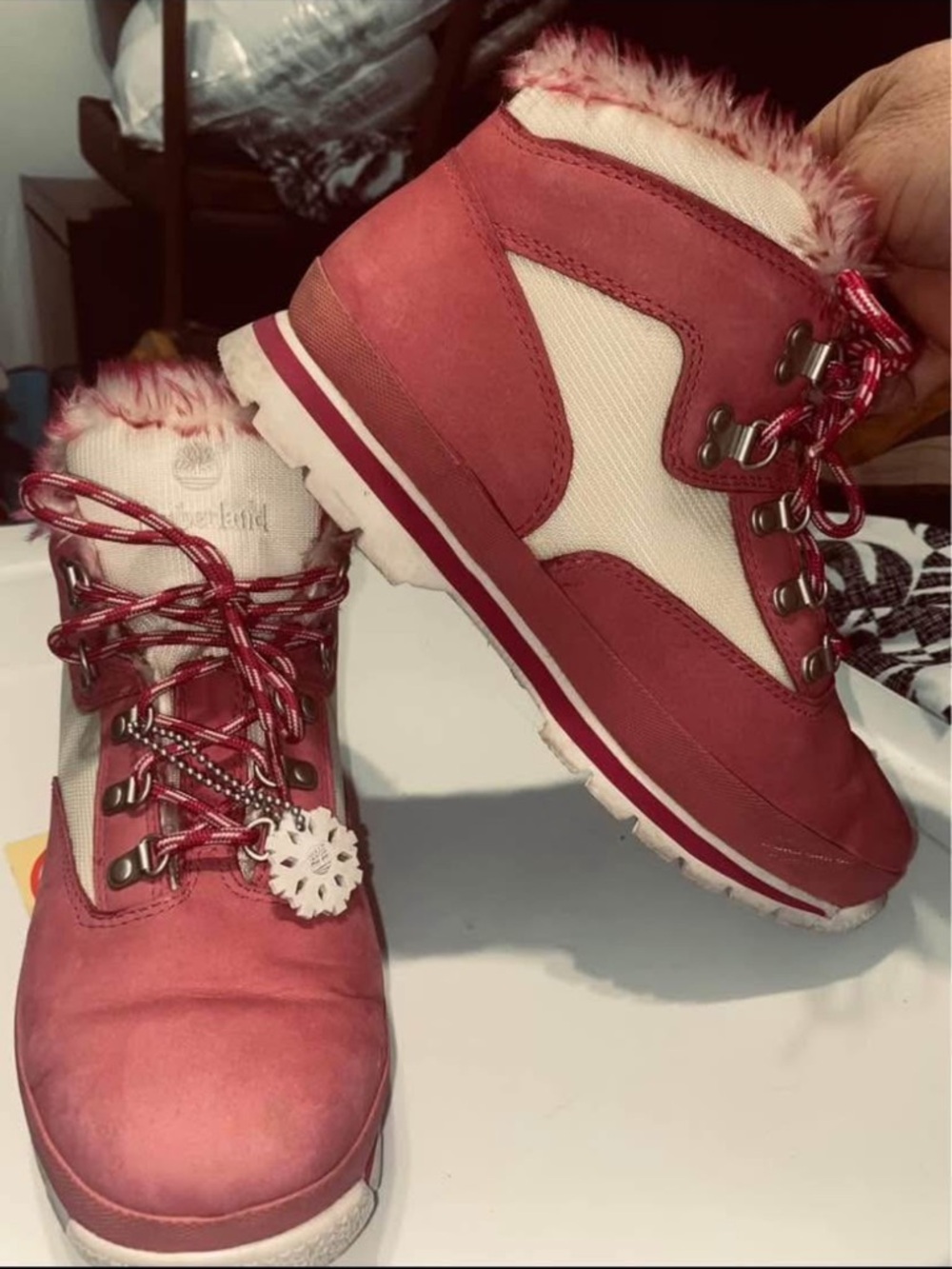 Women's Pink Timberland Winter Hiker Boots with Faux Fur